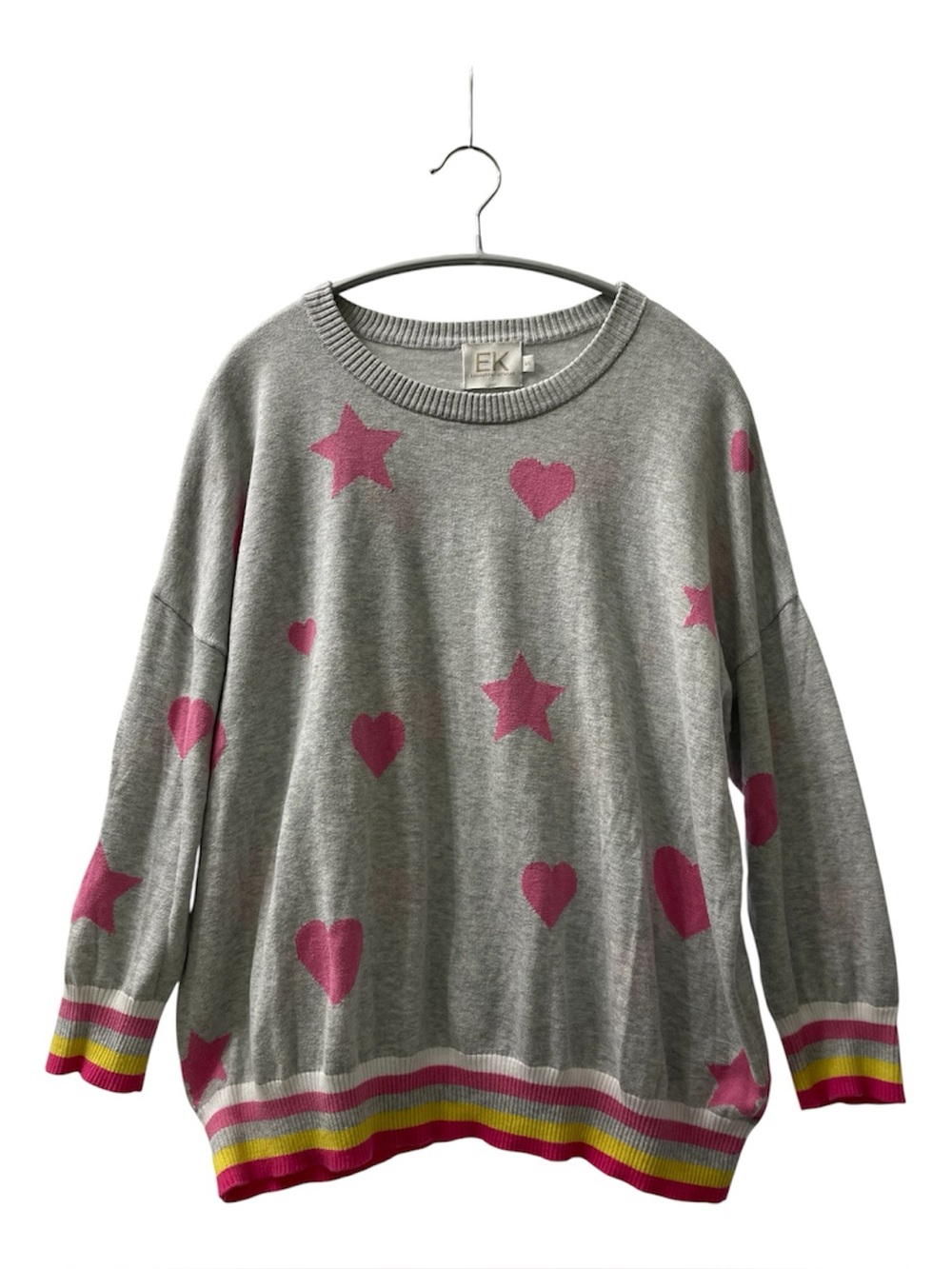 Edinburgh Knitwear Gray with Pink Hearts & Stars Crewneck Sweater